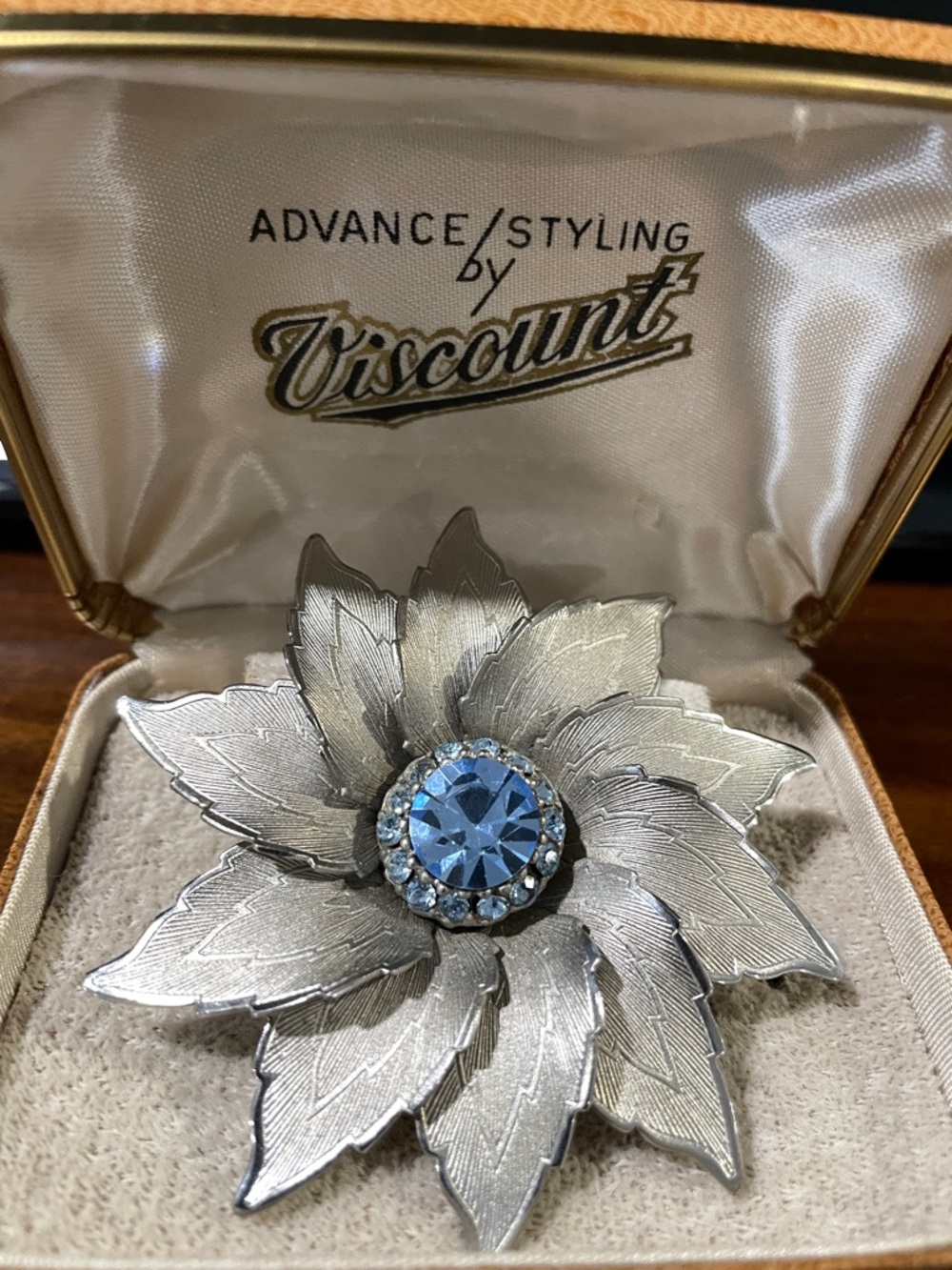 Silver-Tone Vintage Flower Brooch with Light Blue Crystal Center